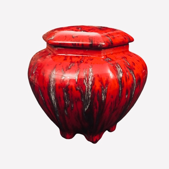 Vintage Red Pottery Hexagonal Ceramic Lidded Jar Urn 5.5" Drip Spot Glaze Signed - Picture 4 of 14
